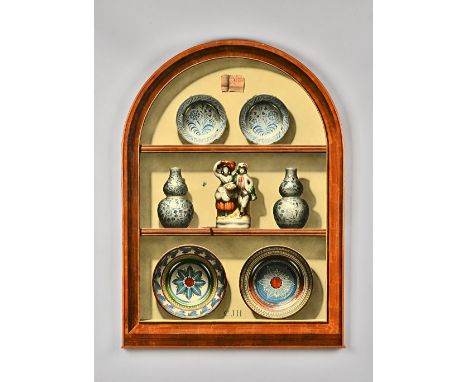 Christopher John Harrison (b.1935), Shelf with Delft, Chinese and Staffordshire ceramics, oil on board, arched top, signed wi