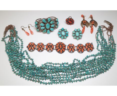 A turquoise bangle, detailed in Indian ink Navajo, a pair of turquoise earclips, detailed Sterling, a multiple row turquoise 
