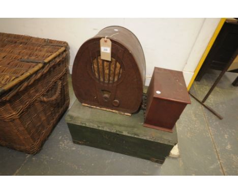 An Art Deco Bakelite radio , a radio receiver and a painted pine tool chest. (3)