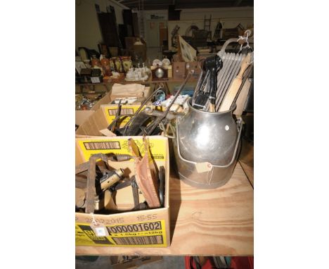 A Collection of leather and brass horse straps/ martingales, iron haimes, brass blow lamp, brass bellows, brass and iron triv
