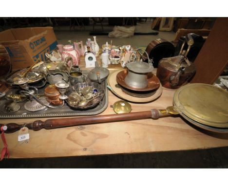 A Qty of brass, copper and plated ware including a large rectangular 2 handled tray, tea set, condiments, a two branch candel