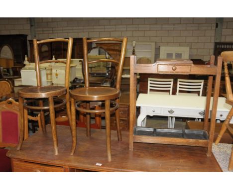 An Early 20th century oak stick stand with a hinged glove box , a pair of 1930's bentwood chairs and a Victorian walnut and r
