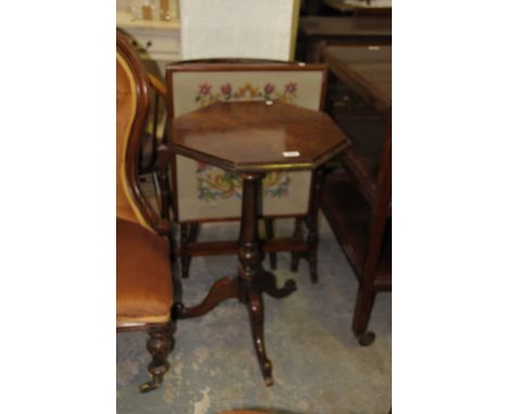 A Victorian octagonal tripod table, a needlework firescreen and a Victorian mahogany and button back drawing room chair. (3 )