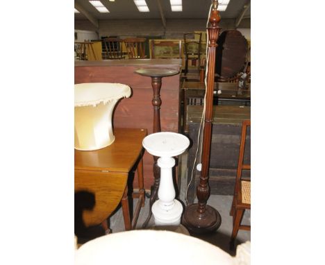 A Painted baluster form pedestal , a mahogany torchere with a spirally lobed and ring turned shaft and a lamp standard with a