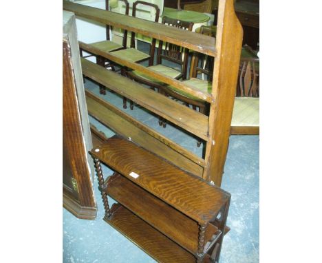 An Oak hanging wall shelf with barley twist supports and an oak dresser rack. (2)