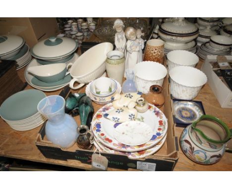 A Box of decorative ceramics including a pair of Blue Mountain dolphin figures, Royal Worcester fruit pattern plates, Wedgwoo