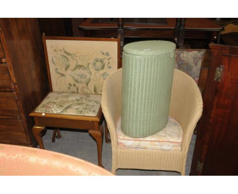 A L/loom tub chair, oval linen box,padded folding table , needlework firescreen and piano stool. (5)