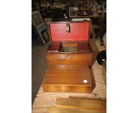 A 19th century mahogany tea caddy with twin lidded compartments and a second hinged box. (2)