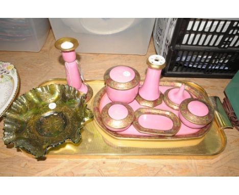 A Victorian pink ceramic dressing table set and a green carnival glass dish.