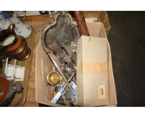 A Box of plated ware , cased knives, horn handled and blue and white ceramic handled knives, plated dish , large qty to a box