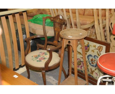 A Pine plant stand, a needlework firescreen and an Edwardian inlaid mahogany elbow chair. (3)