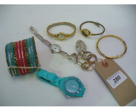 A Gold coloured bangle , ladies Limit wristwatch and others, 9ct gold wedding band , other wedding bands and dress rings, etc