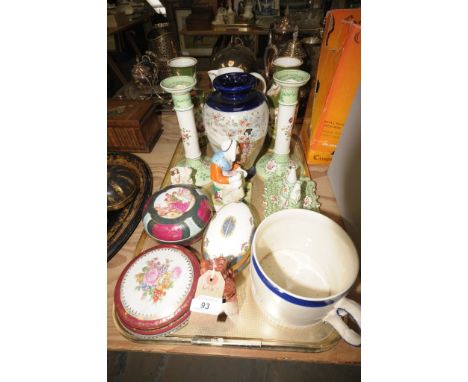 A Tray of decorative ceramics including a Japanese Satsuma vase with a cobalt blue ground and panels depicting figures,  a pa