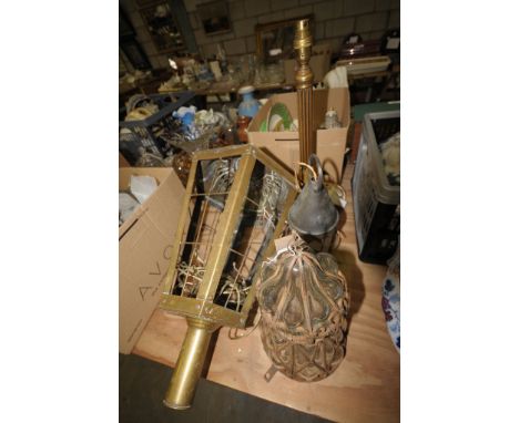 An Early 20th century hexagonal  brass lantern  ( lacking glass panels ) with a flame finial, a brass column table lamp, an i