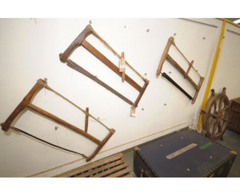 (ROW860606)3 Vintage rustic hardwood bow saws.