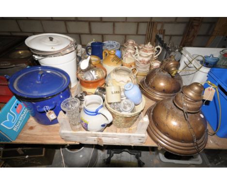 An Enamelled bread bin and cover , enamelled pan, bucket, stone ware flagons and pots, 2 modern pendant light fittings, etc.