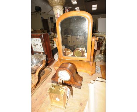 An Early 20th century oak cased 8 day French mantel clock with a white enamel dial, a quartz carriage clock and a Victorian s