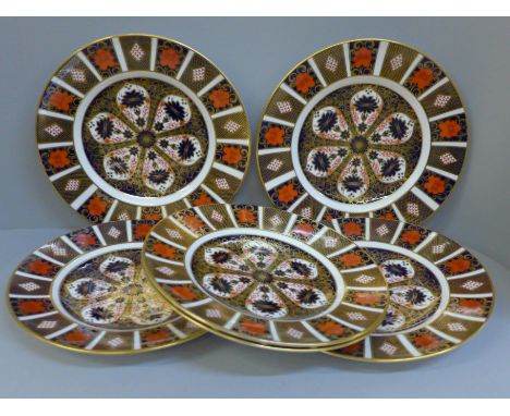 Six Royal Crown Derby 1128 Imari dinner plates, first quality, 27cm, (10½") 