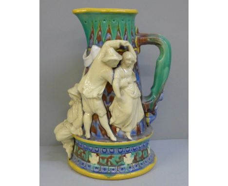 A Minton style Majolica Taverner pitcher, tapered form, with several unruly tavern figures, a/f, 25cm 