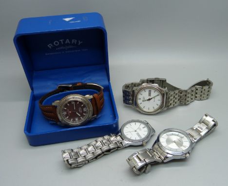 Four wristwatches including Citizen and a Rotary with box 