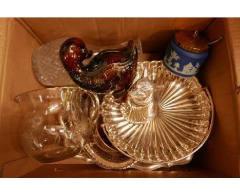 A silver plated stirrup cup, plated trays, basket, Wedgwood preserve pot, glass decanter, etched glass jug, duck money bank a