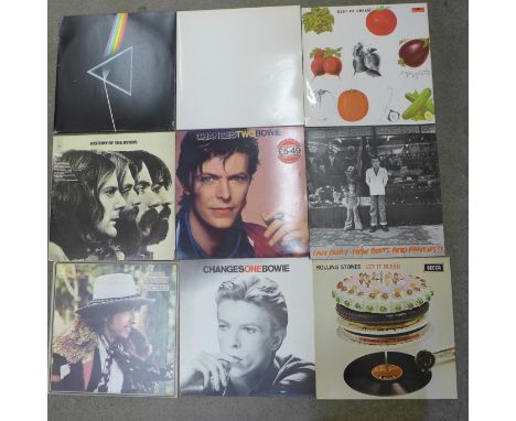 A collection of LP records; Cream, Byrds, David Bowie, Ian Dury, Bob Dylan, Rolling Stones, (Let it Bleed - with poster) The 