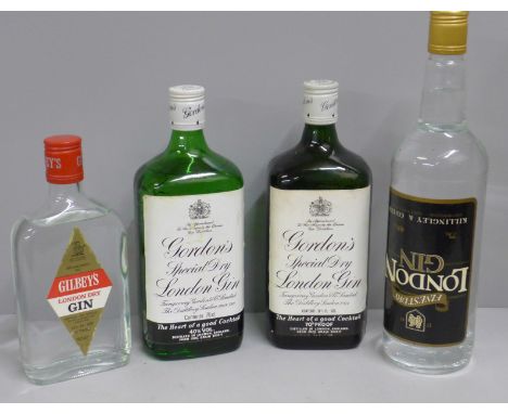 Four bottles of gin; two Gordons, Gilberts and Killingley 