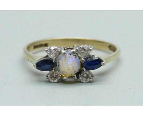 A 9ct gold, opal, sapphire and white stone cluster ring, 1.7g, O 