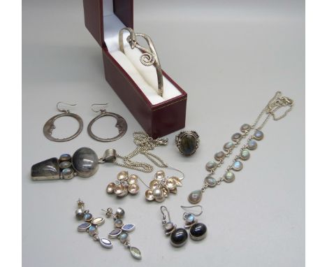 Four pairs of silver earrings and other silver jewellery including a pendant and chain, a ring, a silver necklace and a bangl