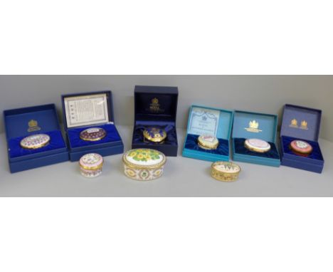 Nine trinket boxes including Royal Worcester, Halcyon Days, Bilston &amp; Battersea enamels, etc. 