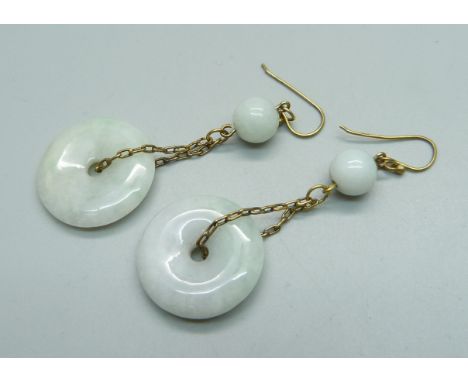 A pair of silver gilt and jade drop earrings 