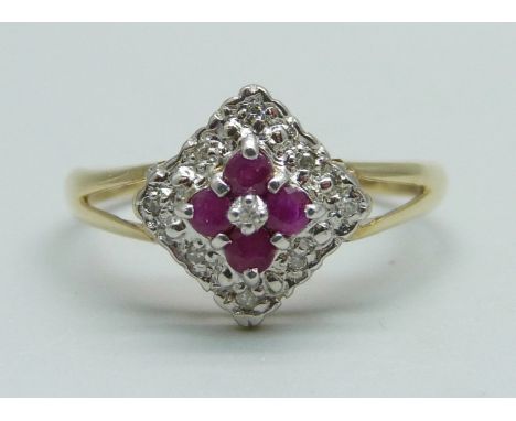 A 9ct gold, ruby and diamond square cluster ring, 1.9g, S 