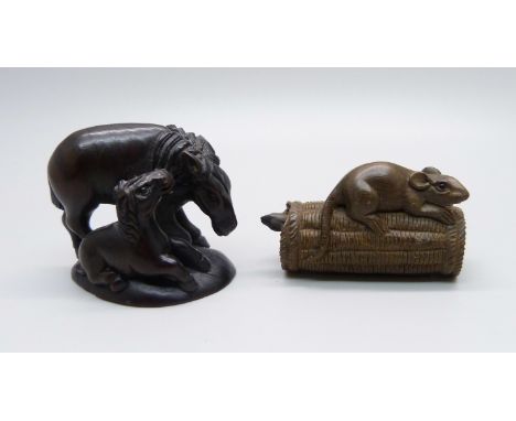Two netsuke, horse and a rat 