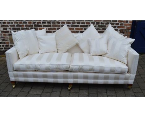 Duresta 3 seater cream striped upholstered knoll drop end sofa with scatter back cushions. length approx. 227cm