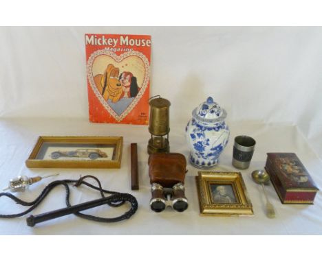 Various items including Miners Lamp, binoculars, bull whip & ginger jar