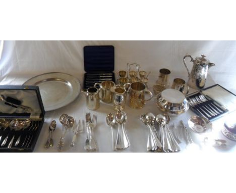 Assorted silver plate inc egg cups, tankard, cutlery etc