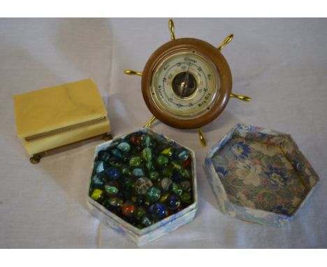 Onyx cigarette box, barometer and a box of mixed marbles