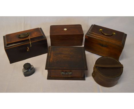 Wooden boxes including a coin box, tea caddy etc