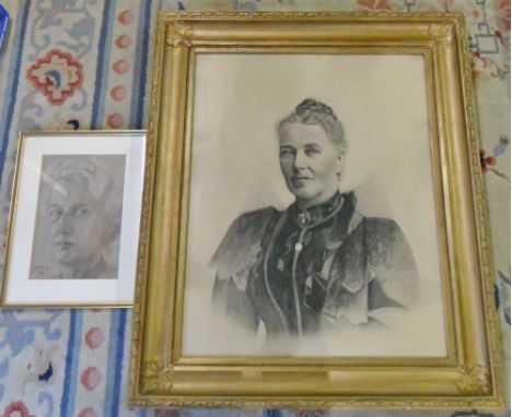 Charcoal drawing of a Victorian lady 78 cm x 95 cm & charcoal portrait of a woman by H M Yangl 1948 43 cm x 32 cm