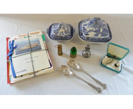 2 blue and white tureens, Silver Jubilee miniature miners lamp, green Chemist bottle & Northern Star ship memorabilia etc