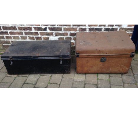 Tin trunk & a large metal deed box