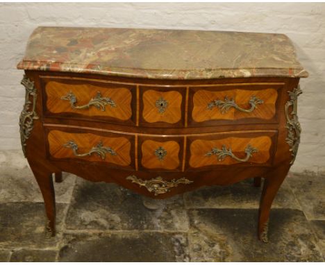 French serpentine commode with marble top & applied gilt metal mounts on sabre legs