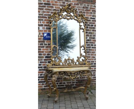 French 18th century style gilt wood console table with marble top & conforming gilt wood pier glass over.  Ht 9'6 (292cm) NB 
