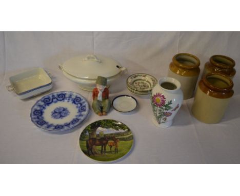 Ceramics including Spode collectors plate, tureen, Indian tree bowls, stoneware jars etc