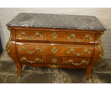 Louis XV style bombe commode with marble top, 3 drawers & applied gilt metal dec. on sabre legs