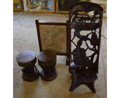 1930s tapestry fire screen, pair of tribal stools & a carved seat