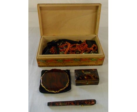 Box of costume jewellery, compact case, tortoiseshell box & pen with gold nib