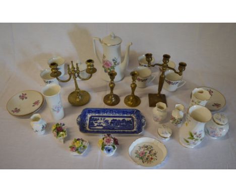 Ceramics including Aynsley, small willow pattern tray, part tea service, brass candlesticks etc