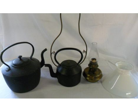 Paraffin lamp & 2 cast iron kettles