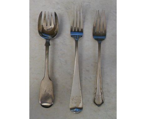 3 silver forks London 1867 Maker Charles Boyton, Sheffield 1916 Maker William Hutton & Co, London 1883 total weight 2.03 oz